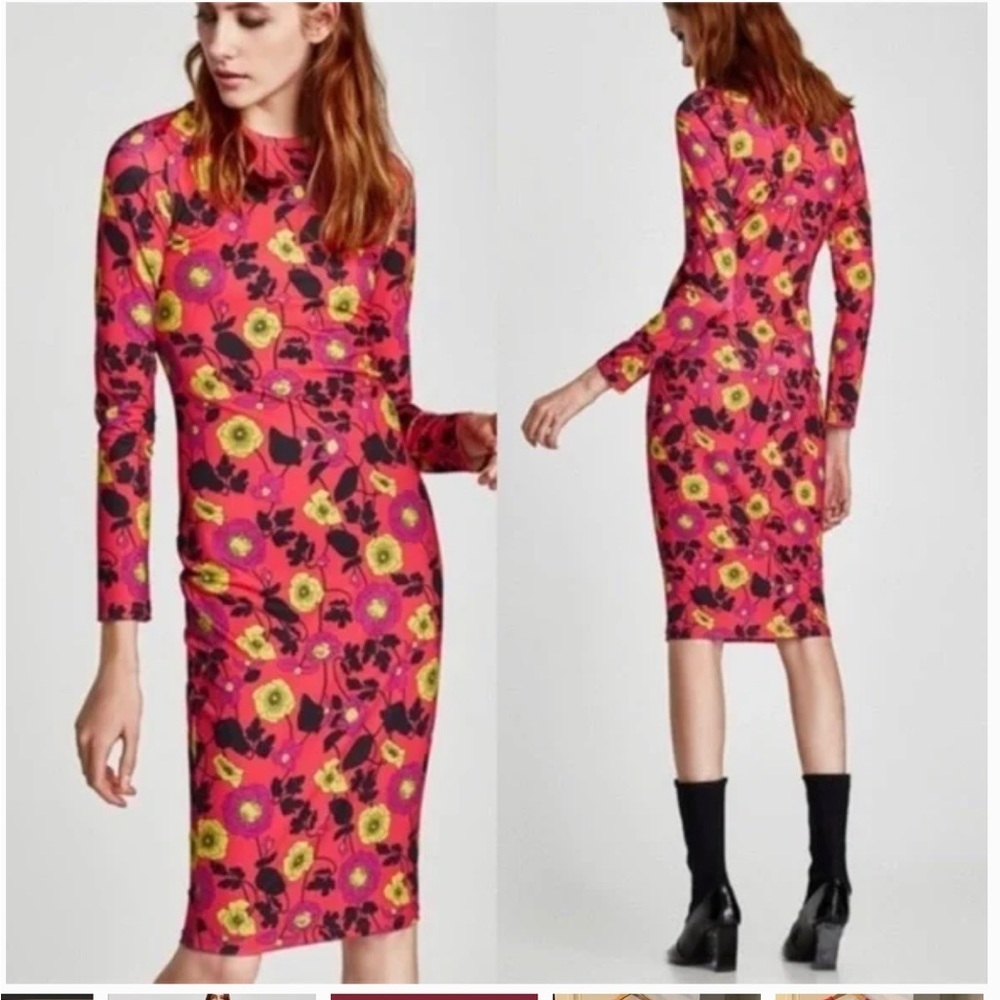 Zara Floral Bodycon Stretch Midi Long Sleeve Dress Size M